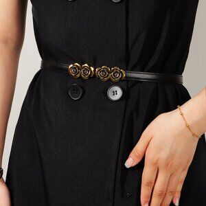 2/$30 Black Faux Leather Belt Gold Floral Rose Buckle Thin Waist Accessory Dress